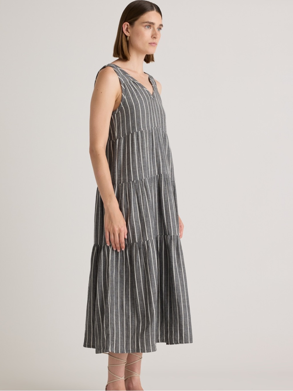 Quince 100% Organic Cotton Gauze Tiered Maxi Faded Black and White stripe Small